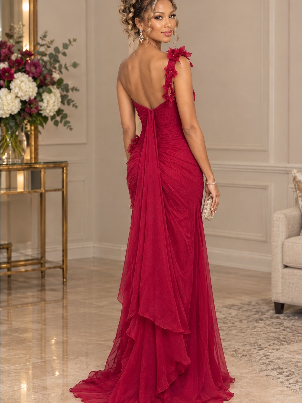 Montage by Mon Cheri One-Shoulder Magenta Evening Gown with Floral Appliqué - Picture 2 of 3